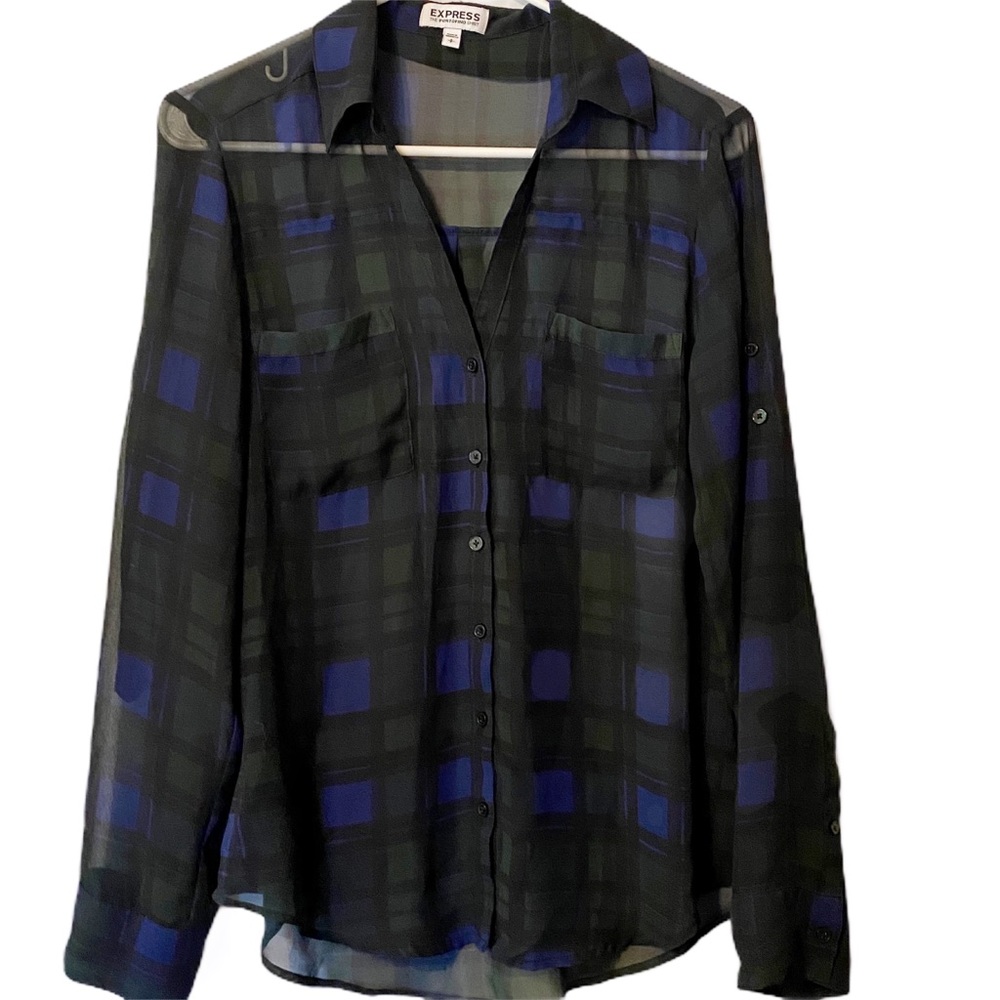 Express Portofino blouse‎ green blue plaid small sheer